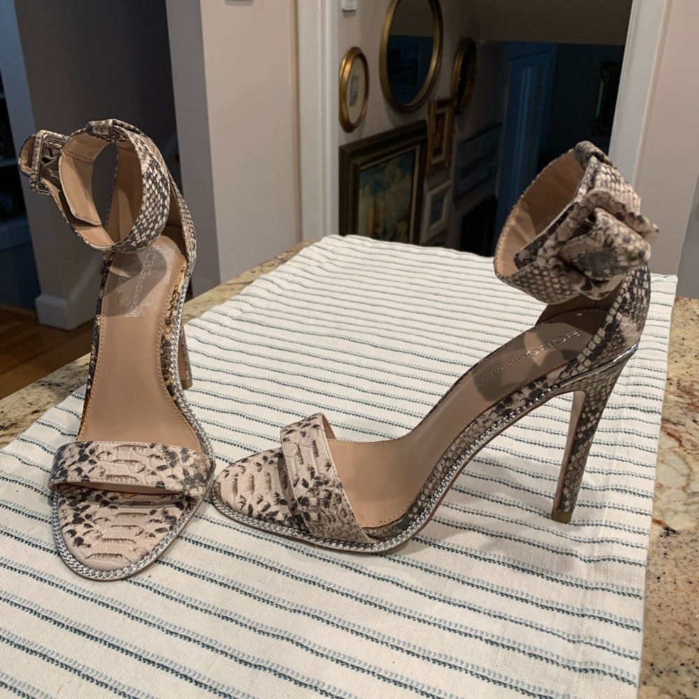 BCBGeneration Snakeskin Ankle Strap Heels